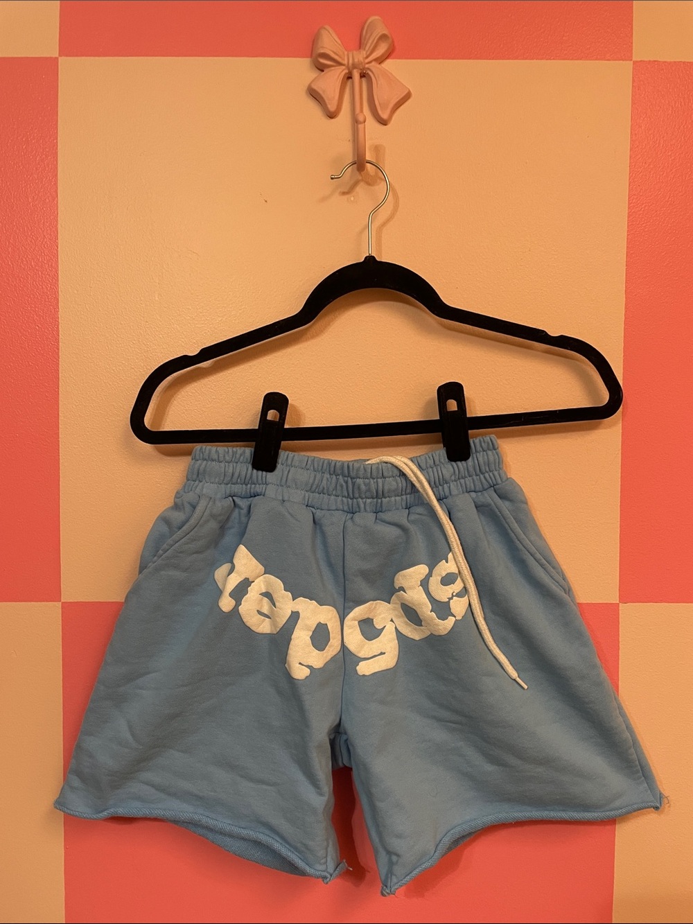 Sp5der Light Blue Drawstring Men's Lounge Shorts with White Logo